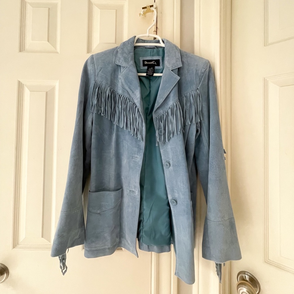SOLD Baby Blue Suede Fringe Jacket